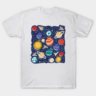 Paper space adventure I // illo // navy blue background multicoloured solar system paper cut planets origami paper spaceships and rockets T-Shirt